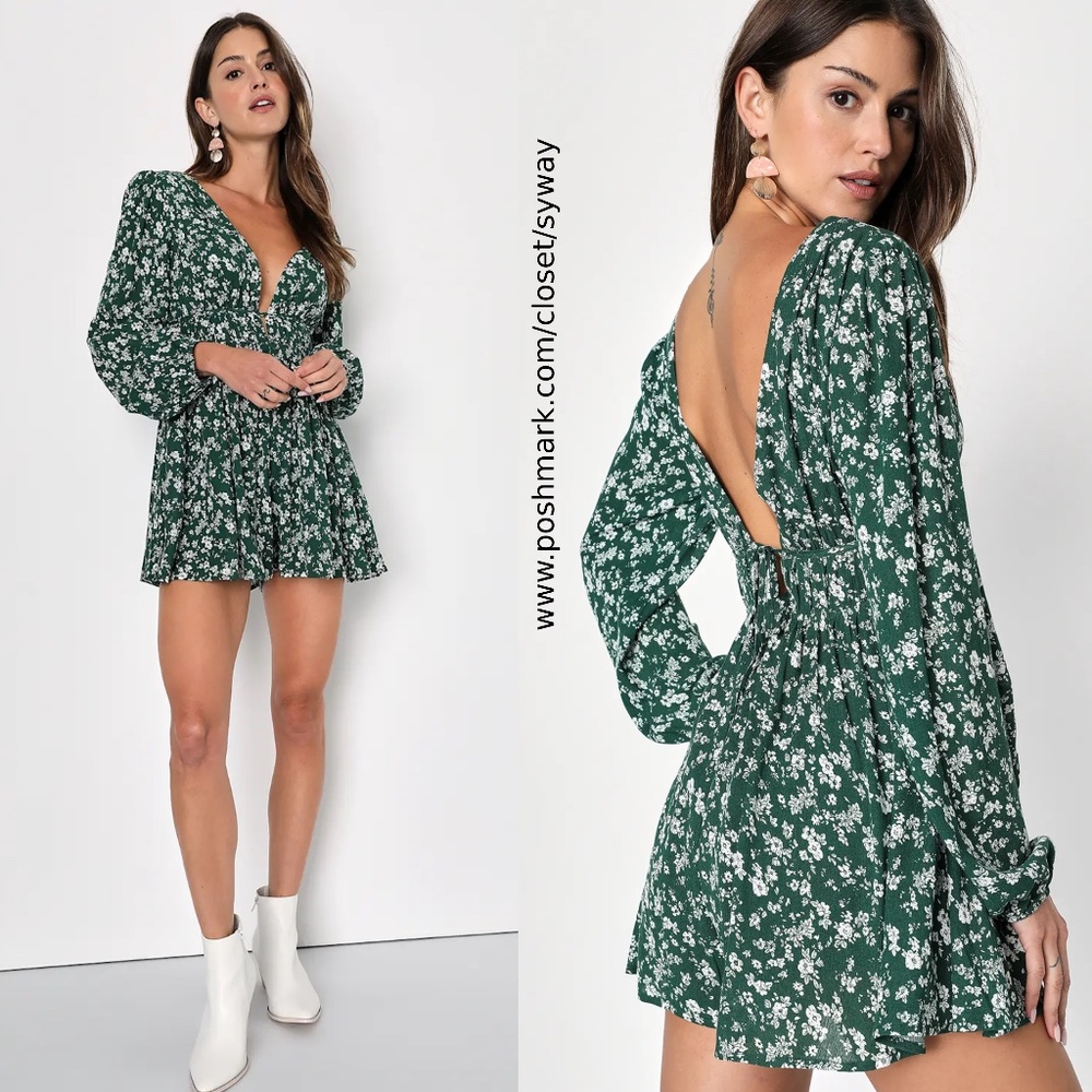 NWT Lulus Flirty Inclination Dark Green Floral Print Long Sleeve Romper